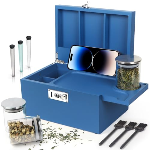 TISEMENT Large Blue Bamboo Box with Combination Lock, Decorative Storage Box with Removable Tray & Detachable Compartment, Wooden Box with Alright Jars & Brushes & Storage Tubes as Great Gift Choice.