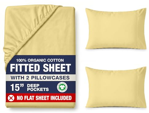 LANE LINEN 100% Organic Cotton Only Fitted Sheet Queen (+Pillowcases) 3-Piece Set, Low Pilling Fade Resistant Reinforsed Seams Machine Washable Fitted Sheets Queen - Cocoon
