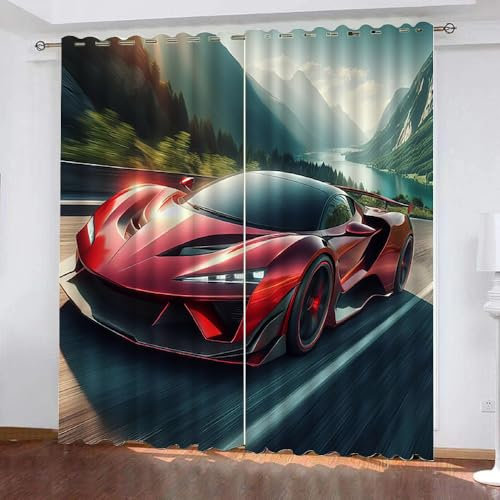 Auto Gardinen Motiv Schwarz Rot Sportwagen 2 Stück H 160Cm X B 70Cm, Vorhang Blickdicht Ösen Kurz,Verdunklungsvorhänge Kinderzimmer Mädchen Jungen,Kinder Vorhang Verdunkelung Für Schlafzimmer,A10