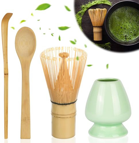 HOTUT Green Tea Ceremony Accessory Set - 4pcs Matcha Whisk, Bamboo Holder, Traditional Spoon - Japanese Tea Set
