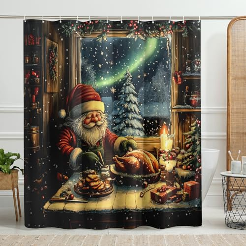 Tenda da doccia natalizia con Babbo Natale, tenda da doccia natalizia rossa per decorazione del bagno, tenda da doccia in tessuto impermeabile stagionale invernale con ganci, 183 x 198 cm