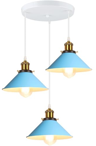 iDEGU 3-flammige Pendelleuchte Retro, Vintage Hängelampe 22cm Lampenschirm aus Metall Moderne Deckenleuchte E31 Hängeleuchte für Küche Esszimmer Wohnzimmer Schlafzimmer Restaurant (Blau)