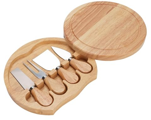 Juego de Tableros de Queso, de Madera de Goma Kit de Tablero de Queso con 4 PC Herramientas de Corte de Acero Inoxidable y Diámetro de 20 Cm Picnic Board Charcuterie Board