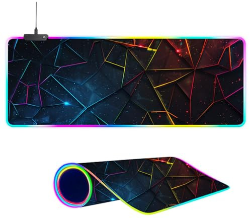 Mateju Mehrfarbige Raute RGB Mousepad, Mousepad XXL 14 Beleuchtungs Modi 7 LED Farben, Gaming Mauspad, Rutschfeste Gummibasis Mauspad mit Vernähte Kanten für Tastatur Computer (Regenbogen,800x300x4mm)