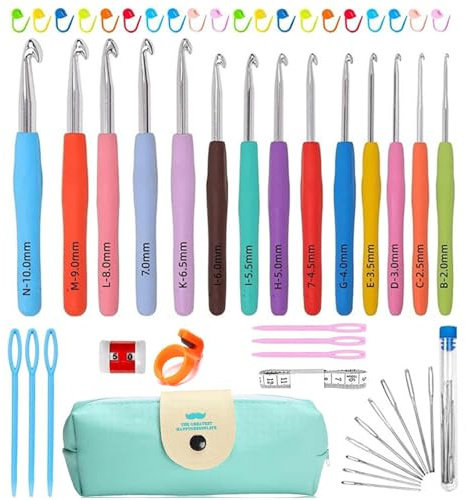 54 Pezzi Set Uncinetti con Custodia, 14 Pcs Uncinetto Generic 2 mm-10 mm, Accessori Uncinetti Impugnature Gomma Ergonomici, Kit Attrezzo Ferri Maglia DIY per Principianti, Ragazze, Donne, Mamma Regalo