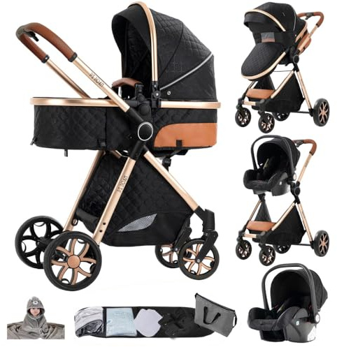 Cochecito de bebé reversible 3 en 1 con asiento de seguridad, capazo alto, capota ajustable y estructura de aluminio(negro)