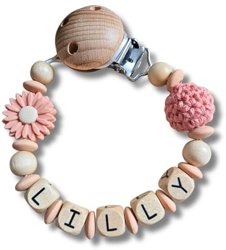 Lovely Personalisiertes Baby Geschenk, Mädchen/Junge, Schnullerkettchen mit Name, Schnullerband, verschiedene Farb-Varianten Daisy (11.Blush)