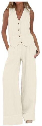 Generico Tailleur Donna Eleganti Completo Blazer da Donna 2 Pezzi Canotta Senza Maniche con Scollo a V Gilet + Pantaloni a Gamba Larga Tuta Elegante