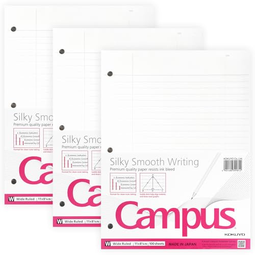 Kokuyo Filler Papers, 8-1/4x11”, Wide Ruled 3 Hole Punched Loose Leaf Paper, 300 Sheets Bleed Resistance Notebook Paper, Japanese Smooth Lined Paper for 3 Ring Binders School Supplies, Japan Import