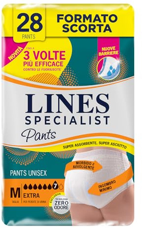 Lines Specialist Pants Extra Unisex, Mutande Assorbenti per Incontinenza Donna e Uomo, Asciutto Lampo e Massima Protezione, Zero Odore, Taglia M, Scorta Mensile, 4 Confezioni da 7 Unità | Per perdite di urina medie e abbondanti, morbido e avvolgente, per Donna e Uomo, Zero Odore, scorta, 4 Confezione da 7 Pezzi