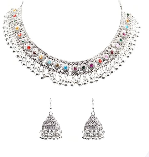 Niaspi Colorful Bohemian Traditional Tribal Statement Necklace Earrings Jewelry Set for Women Multicolour Rainbow Cubic Zircon Ethnic Chunky Ball Tassel Choker Adjustable Jewellery Gifts