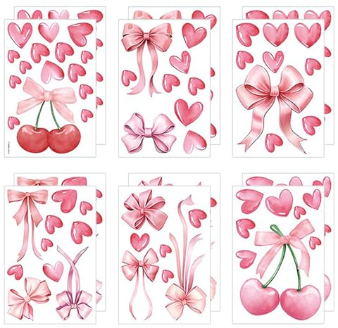 12 Sheets Girls Wall Stickers, Cherry Heart Pink Wallpaper, Watercolor Peel and Stick Wall Stickers for Bedrooms, Living Room, Nursery Kids Room