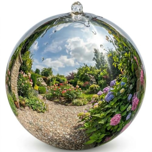 Intergarden Kugelbrunnen aus Edelstahl D: 30 cm – Edelstahlkugel glänzend für Gartenbrunnen, Wasserspiel Garten, 30 mm Lochbohrung, 3/4 Zoll Schlauchanschluss, Edelstahlbrunnen für DIY Brunnenanlagen