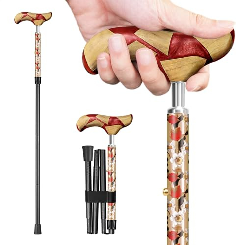 Power Senior - Premium Folding Walking Stick | Lightweight Carbon Fibre Cane for Men & Women | Adjustable Height | Wood Handle Foldable Design (Red)
