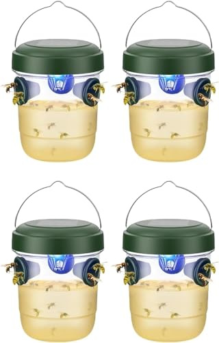 Piege Frelon Asiatique, Piège à Frelons Asiatiques Sélectif Extérieur avec Lumière LED, Piege a Guepes Et Frelons Exterieur à Suspendre à Double Canal, Réutilisable (Vert 4pcs-avec lumières)