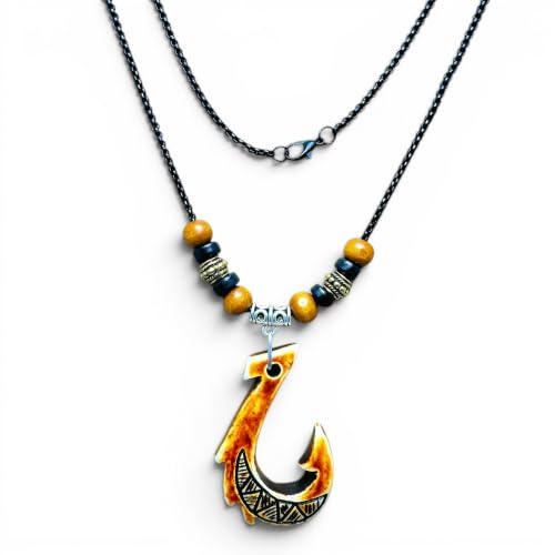 LAVIP Maui Fish Hook Pendant Necklace with Wooden Beads,Black, Silver Chain | Rolo Chain, Stainless Steel, Round Box Chain