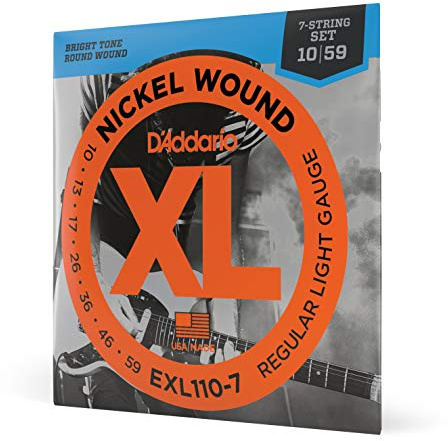 D'Addario Gitarrsträngar - XL Nickel elgitarrsträngar - EXL110-7 - perfekt intonation, jämn känsla, pålitlig hållbarhet - för 6-strängade gitarrer - 10-59 Regular Light 7-strängade