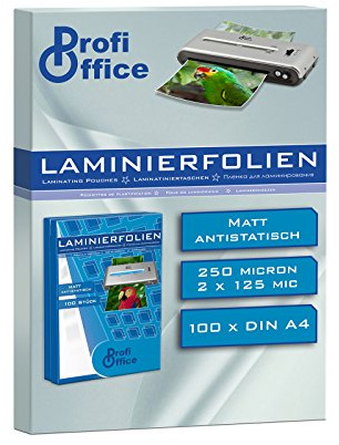 ProfiOffice Laminierfolien DIN A4 Matt – 100 Stück Laminiertaschen beschreibbar | 2 x 125 Mikron Folientaschen für Heißlaminierung | Entspiegelte Schutzfolie für Dokumente