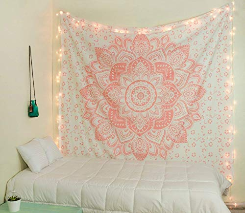 raajsee Indisch Psychedelic Wandteppich Mandala Metallic Rose Gold,Elefant Boho Wandtuch Hippie,Golden Boho Indischer Weiss Wandbehang Tuch, (Rose Gold Passion, 210 x 220 cms Queen)
