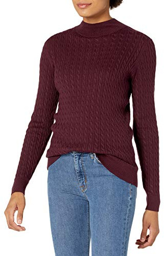 Amazon Essentials Damen Leichter Langarm-Pullover mit Stehkragen und Zopfmuster in klassischer Passform, Burgunderrot, L