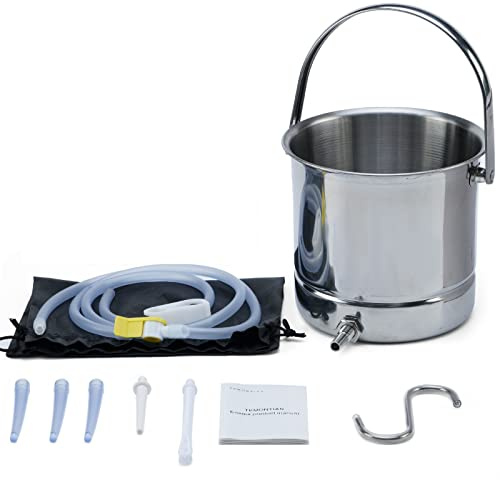 TEMONTIAN Stainless Steel Enema Bucket Kit for Colon Cleansing, 1.5 L | Reusable 1.5 L enema kit with 5 replacement tips for coffee enema, colon cleanse and comfortable home use.