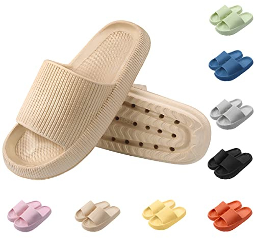Yuccer Shower Shoes Women Non Slip Chunky Sliders Cloud Slippers Soft Pillow Slides Summer for Pool Bathroom Beach Spa Flip Flop Indoor Outdoor Khaki