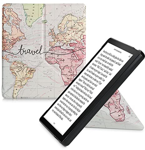 kwmobile Kunstleder eReader Schutzhülle für Amazon Kindle Oasis 10. Generation Hülle - Falt Cover für E-Reader in Schwarz Mehrfarbig - Travel Schriftzug