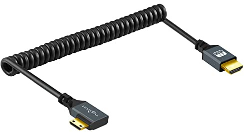Twozoh 90° Spiralkabel Mini HDMI auf HDMI Kabel, rechtwinkliges Mini HDMI auf HDMI Spiralkabel, unterstützt 4K/3D, 1080p ausziehbar bis zu 1,5M