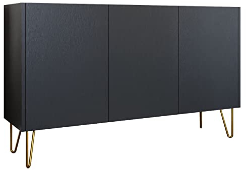 Mirjan24 Kommode Madaris MK144 mit 3 Schubladen, Metallfüße mit Gold pulverbeschichtet, Anrichte, Kombikommode, Mehrzweckschrank, Wohnzimmerschrank (Schwarz Graphit/Marmor Schwarz Royal)