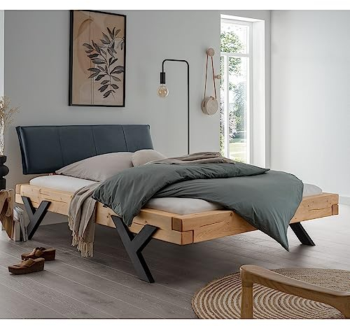 Lomadox Doppelbett Ehebett Bett Echtholz Massivholz, 140x200 cm, Fichte massiv, schwarzes Echtleder-Kopfteil, Schwarze Beine in Y-Form, B/H/T ca. 158/88/228 cm
