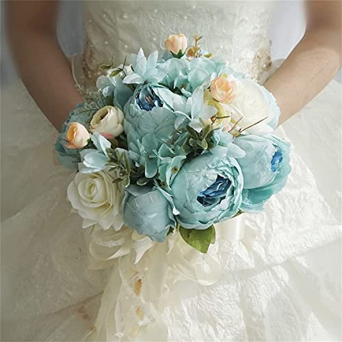 CAZARU Blauer Hochzeitsstrauß, künstlicher Pfingstrosen-Brautstrauß, kaskadierender Hochzeitsstrauß für die Braut, Hochzeit, Verlobung, die Blumensträuße hält