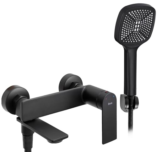 Rea Badewannenarmatur STORM BLACK Wasserhahn Badewanne Einhebel Wannenarmatur mit Handbrause Badarmatur aus Messing Mischbatterie Wandmontage (Schwarz)