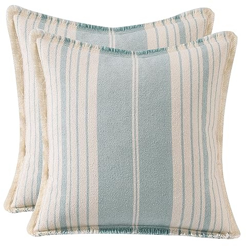 2er Set Boho Streifen Kissenbezug mit Quaste Weiche Baumwolle Leinen Kissenhülle 45x45 cm für Sofa Schlafzimmer Wohnzimmer Auto Dekor Kopfkissenbezug Blau