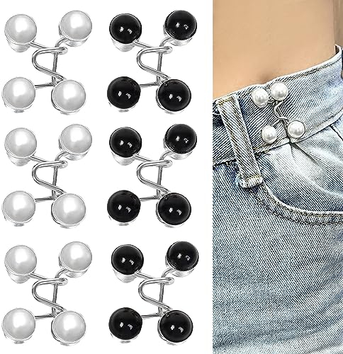 Simsky Pearl Jean Knopfnadeln, 6 Sets Verstellbare Nagelfreie Taillenschnallen, Nähfreiknopf Button Pins Abnehmbarer Jeansknopf Hosen Clips für Hosen Jeans (Schwarz, Weiß, Metall, 18 Stück)