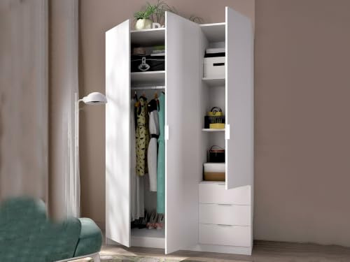 Dmora - Garde-Robe 3 Portes Cimone, Cintre pour Chambre, Armoire 3 tiroirs, 121x52h184 cm, Blanc