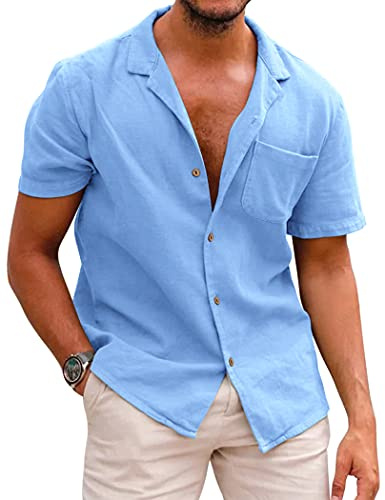 COOFANDY Hawaii-skjorta män kortärmad sommar framficka Hawaii-tryck fritid funky bomull Hawaii-skjorta strand linneskjorta, A-Mörkblå, S