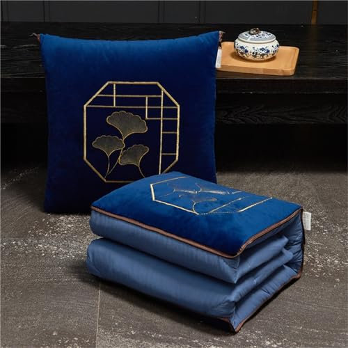 Hixingo Reisedecke und Kissen 2 in 1, Reisedecke mit Kissen Set Multifunktionale Reise Decke und Kissen 2 in 1 Weichem Flugzeug Verwandlungskissen (Ginkgo Biloba - Blau,50 * 50cm)