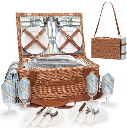 HappyPicnic Wicker Picknickkorb Besteckservice Picknickkorb Isolierter Kühltasche Picknick Set Korb aus Weidengeflecht, für Camping,Outdoor, Weihnachten (L for 4 Persons with Straps)