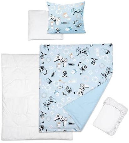 Baby Comfort 5 pezzi biancheria da letto per bambini con federe e lenzuolo in jersey per lettino da viaggio 95 x 65 cm (giochi) (12 mesi+)