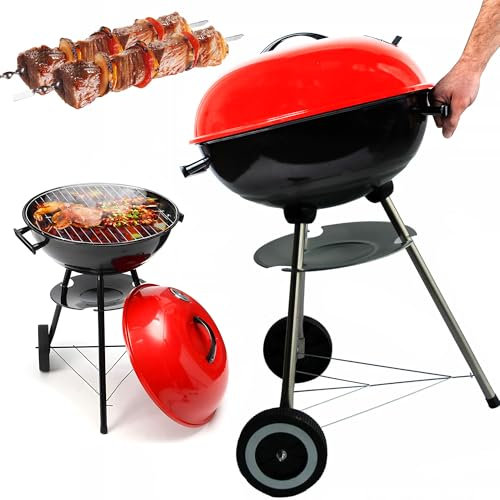 EXTRALINK - Barbacoa de carbón vegetal con construcción redonda, tapa con cerradura y placa base, barbacoa móvil con ruedas para exterior y jardín, barbacoa de pie, barbacoa de camping, barbacoa de
