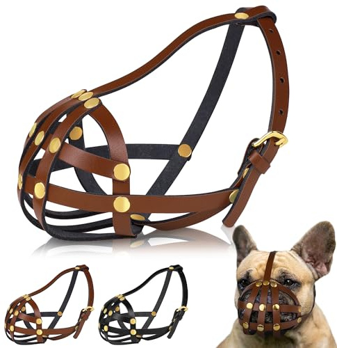 OOPSDOGGY Französische Bulldogge Hundemaulkorb für Hunde mit kurzer Schnauze - Leder Atmungsaktiv Sicherer Korbmaulkorb für Frenchie Verhindert Beißen Kein Kauen Verstellbar (Braun)