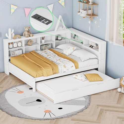 Kinderbett 140x200 mit Ausziehbett, Holzbett Plattformbett mit Staufach und USB Ladefunktion, Doppelbett Funktionsbett Sofabett Tagesbett Gästebett Jugendbett Bettgestell mit Lattenrost aus Holz,Weiß