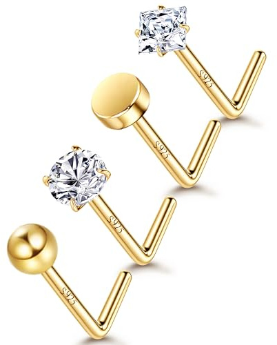 Sllaiss Nasenstecker Silber Nasenpiercing Gold Nasenring Piercing Nase Silber 925 Nasenstecker L Nostril Piercing Gold 2MM CZ Silber Gold Nasenpiercing Silber 925 Schmuck (GOLD)