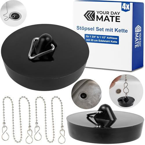 Set di tappi con catena, 2 tappi, 2 catenas, nero, Ø 45,5-42 mm, Ø 41-36 mm, tappo di scarico in PVC per piani di valvole da 1 3/4, 1 1/2 pollici in cucina, bagno