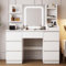 TRIUMPHKEY Tocador de Maquillaje Grande con Espejo LED de 3 Tonos, Brillo Ajustable, Tocador Moderno con 4 Estantes y 7 Cajones, Mesa de Maquillaje con 3 Compartimentos Abiertos, Blanco