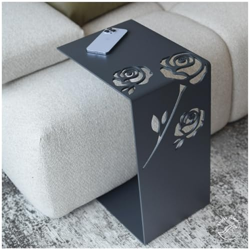 Design Beistelltisch in C-Form aus pulverbeschichtetem Stahl – Eleganter Sofatisch, Couchtisch, Nachttisch – Hochwertig verarbeitet, modernes Blumendesign – Perfekt für Wohnzimmer, Schlafzimmer