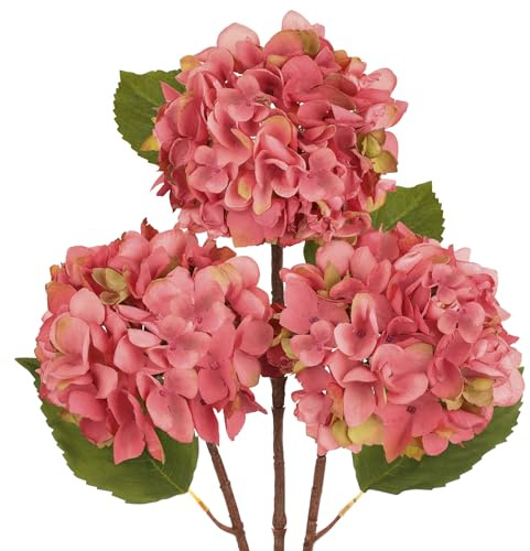 Hollyone Pack of 3 Hydrangea Artificial Flowers, Pink Fake Hydrangea Stems with Large 6'' Blooms, Long Stem Silk Flowers for Floral Arrangement, Tall Vase, Home Decor, Autumn Decoration