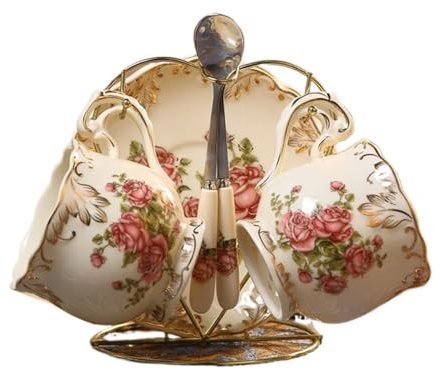 Porzellan-Teeservice Bemalte Blumen Kaffeetasse und Geschirr-Set, minimalistische Haushalts-Porzellan-Tasse mit Löffel, Keramik-Nachmittagstee-Tasse(Rose)