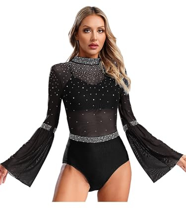 Vxuxlje Damen Glitzer Tanzbody Durchsichtige Tanztrikot mit Trompetenärmel Rückenfrei Ballett Trikot Turnanzug Leotard Tanzkostüm