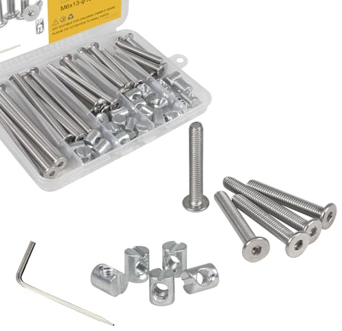 Furniture Screws Set, 24 Sets M6-1.0mm Bed Bolts and Barrel Nuts, 304 Stainless Steel Fully Threaded Bunk Bed Screws, Crib Parts, Bed Frame Crib Bolts Kit Assortment Kit with Wrench